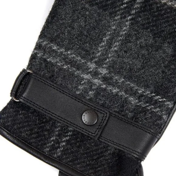 Barbour Men's NEWBROUGH TARTAN Leather Gloves MSRP$100 Bla/Grey Woven In England
